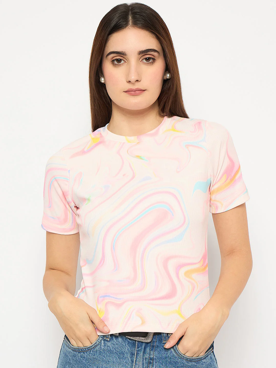 Madame Marble Print Crew Neck White Top - Image 3