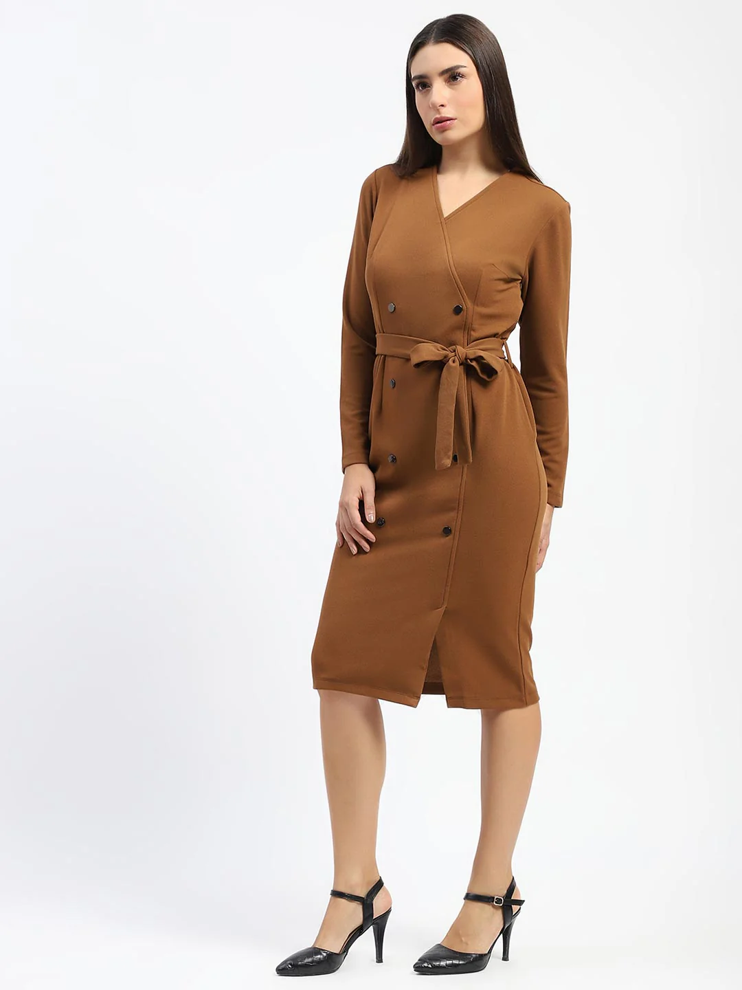 Madame Belted Buttoned Brown Dress - Image 4