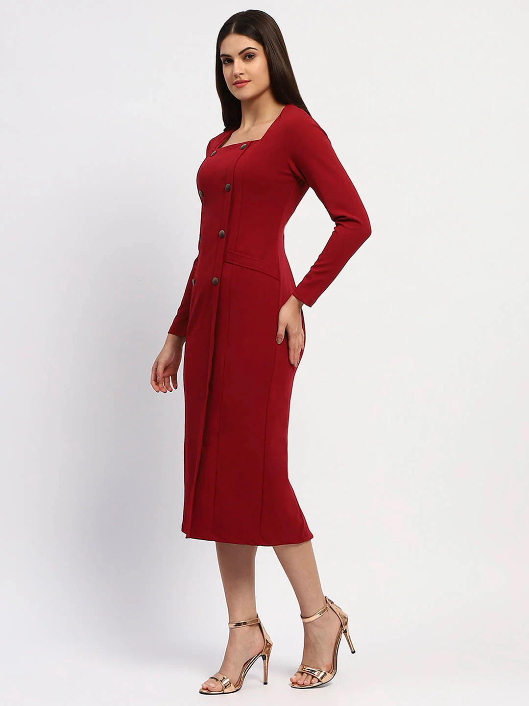 Madame Red Double-Breasted Detailing Long Dress - Image 4