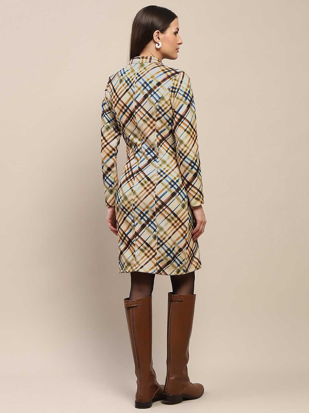 Madame Front Buckle Detailed Check Printed Beige Midi Dress - Image 6