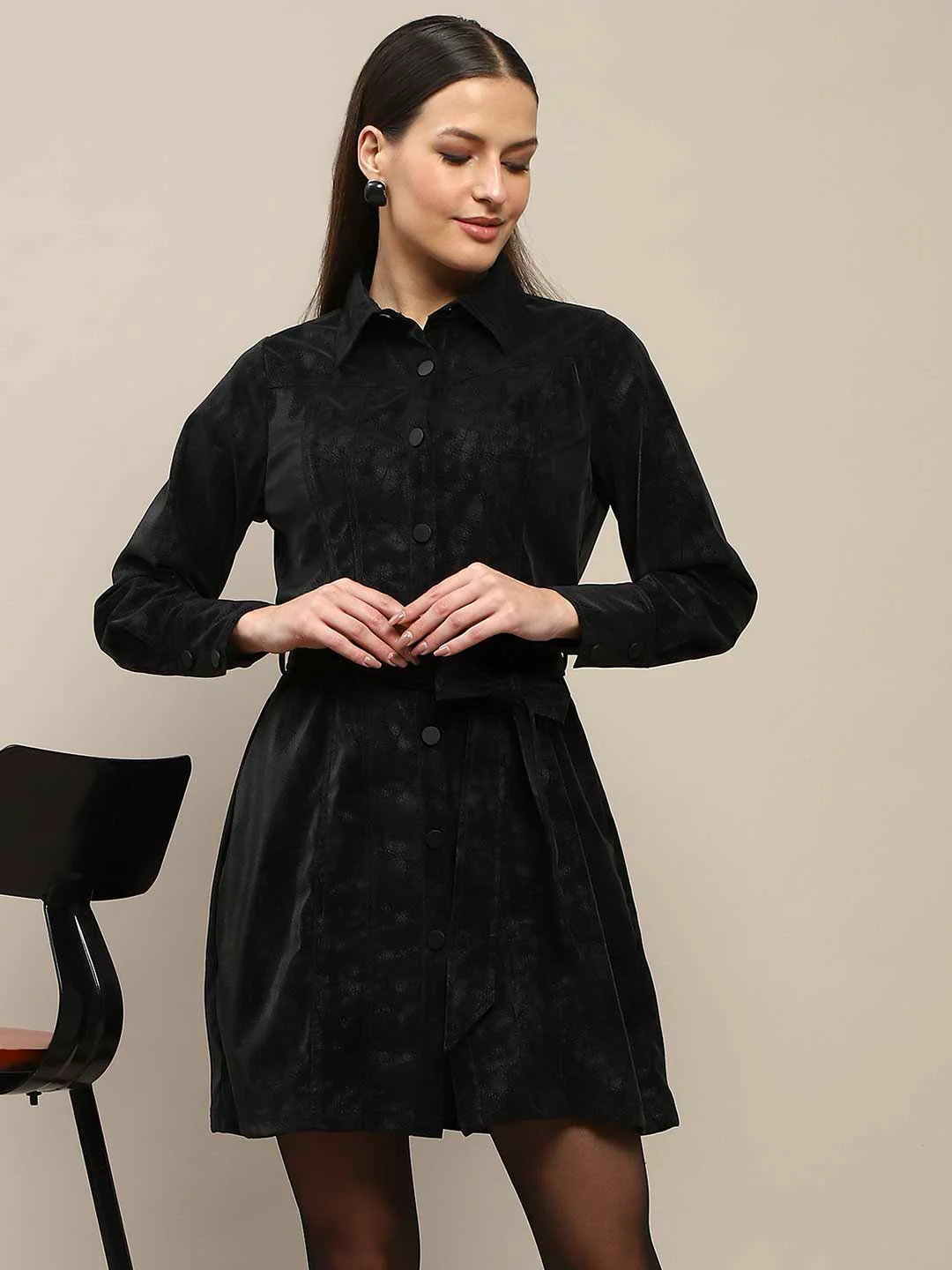 Madame Belted Button Down Black Mini Shirt Dress - Image 2