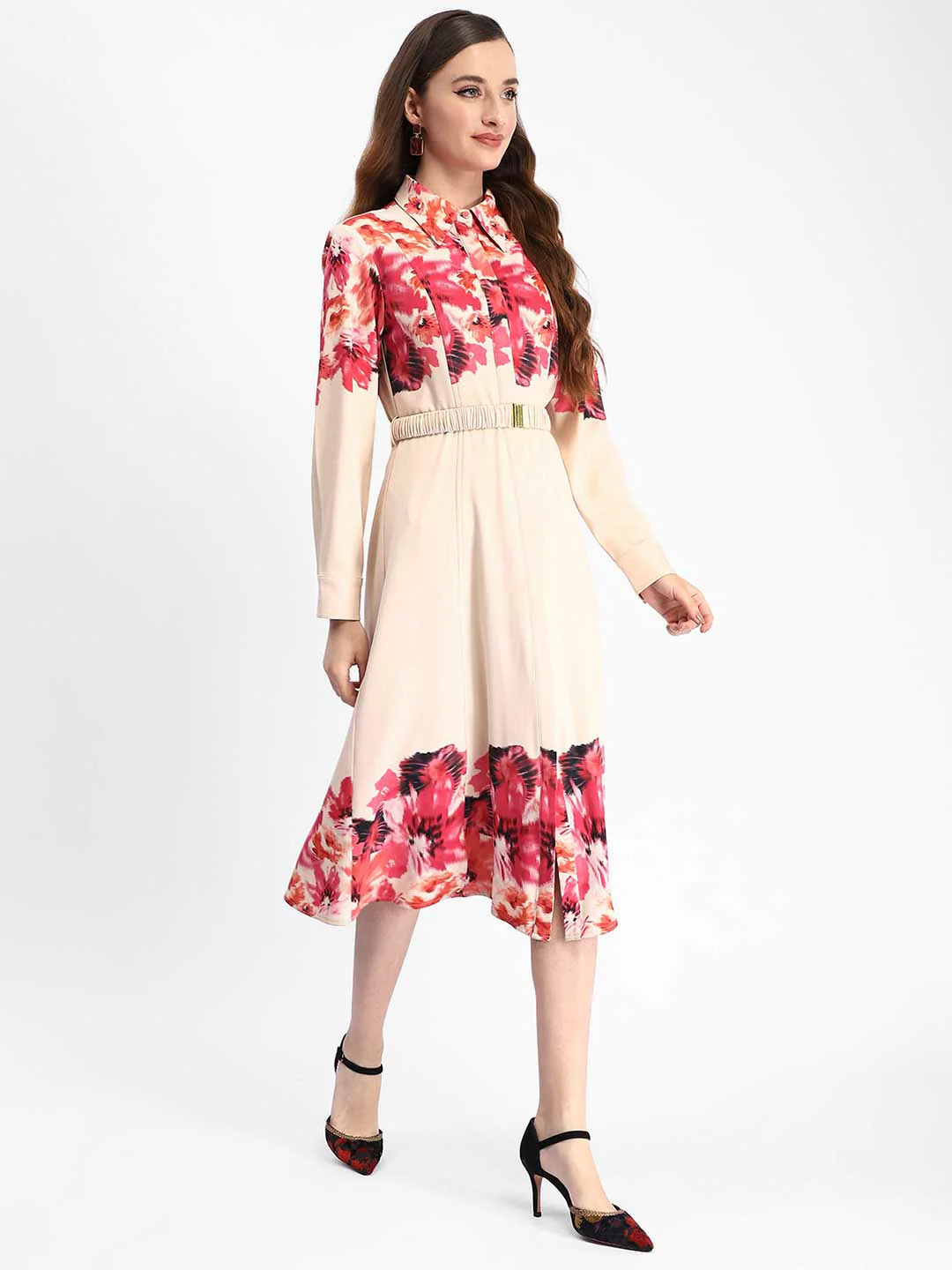 Madame Floral Printed Button Down Shirt A-Line Dress - Image 4