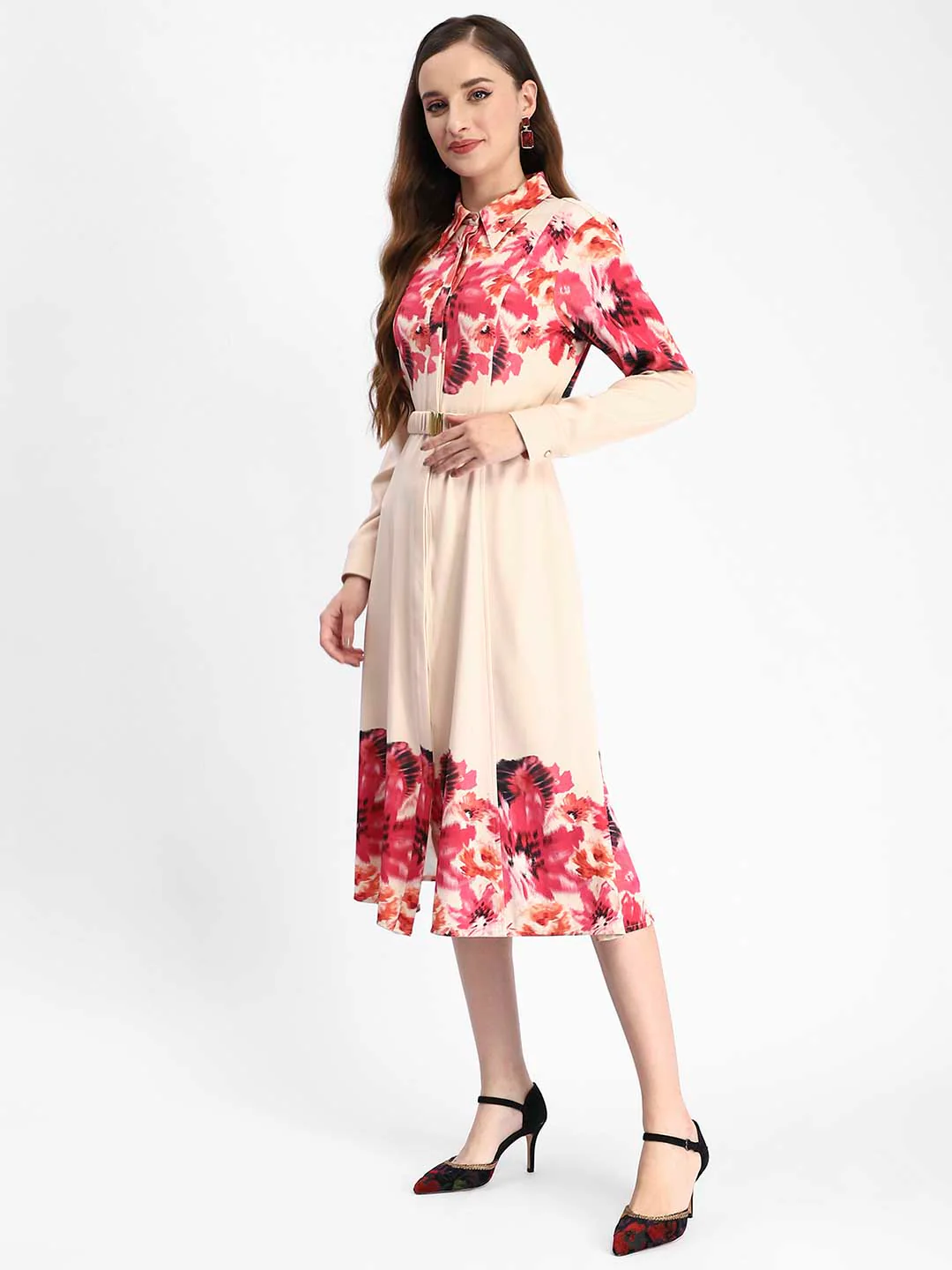 Madame Floral Printed Button Down Shirt A-Line Dress - Image 5