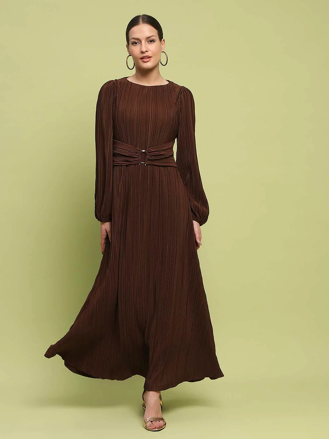 Madame Pleated Front Buckle Detailed Solid Chocolate Maxi Dress - Image 3