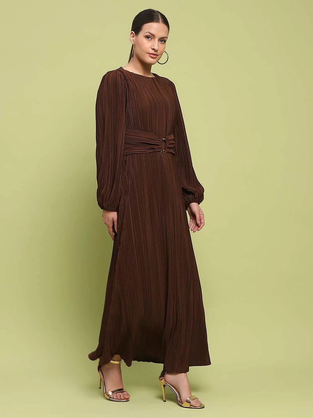 Madame Pleated Front Buckle Detailed Solid Chocolate Maxi Dress - Image 4