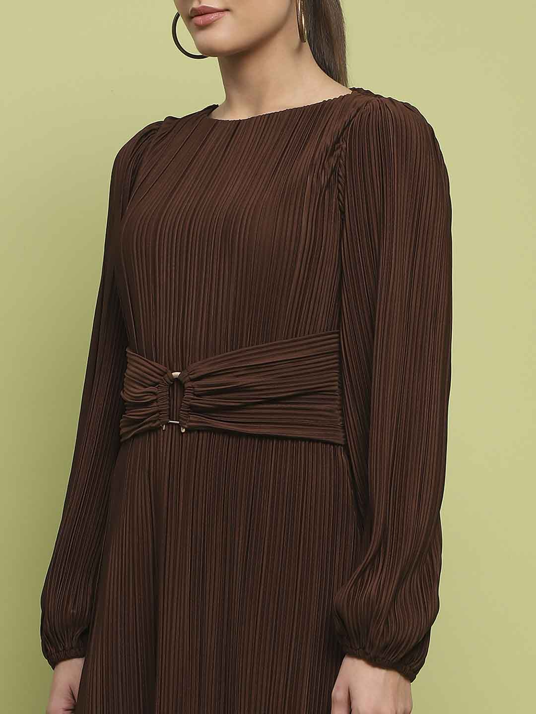 Madame Pleated Front Buckle Detailed Solid Chocolate Maxi Dress - Image 7