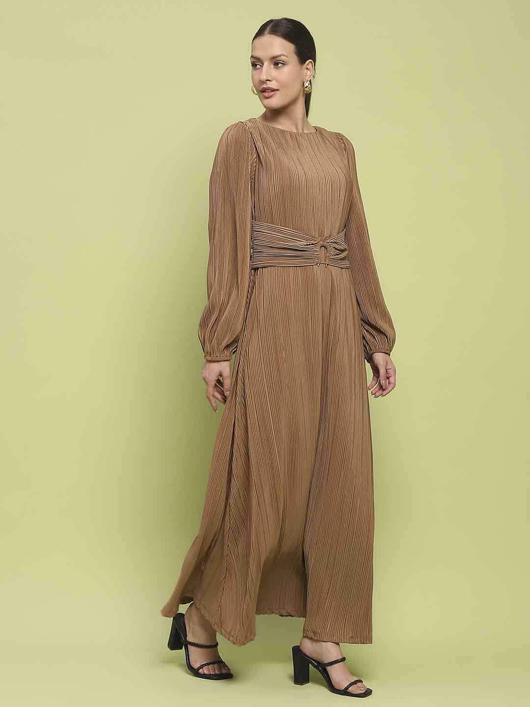 Madame Pleated Front Buckle Detailed Solid Golden Maxi Dress - Image 4