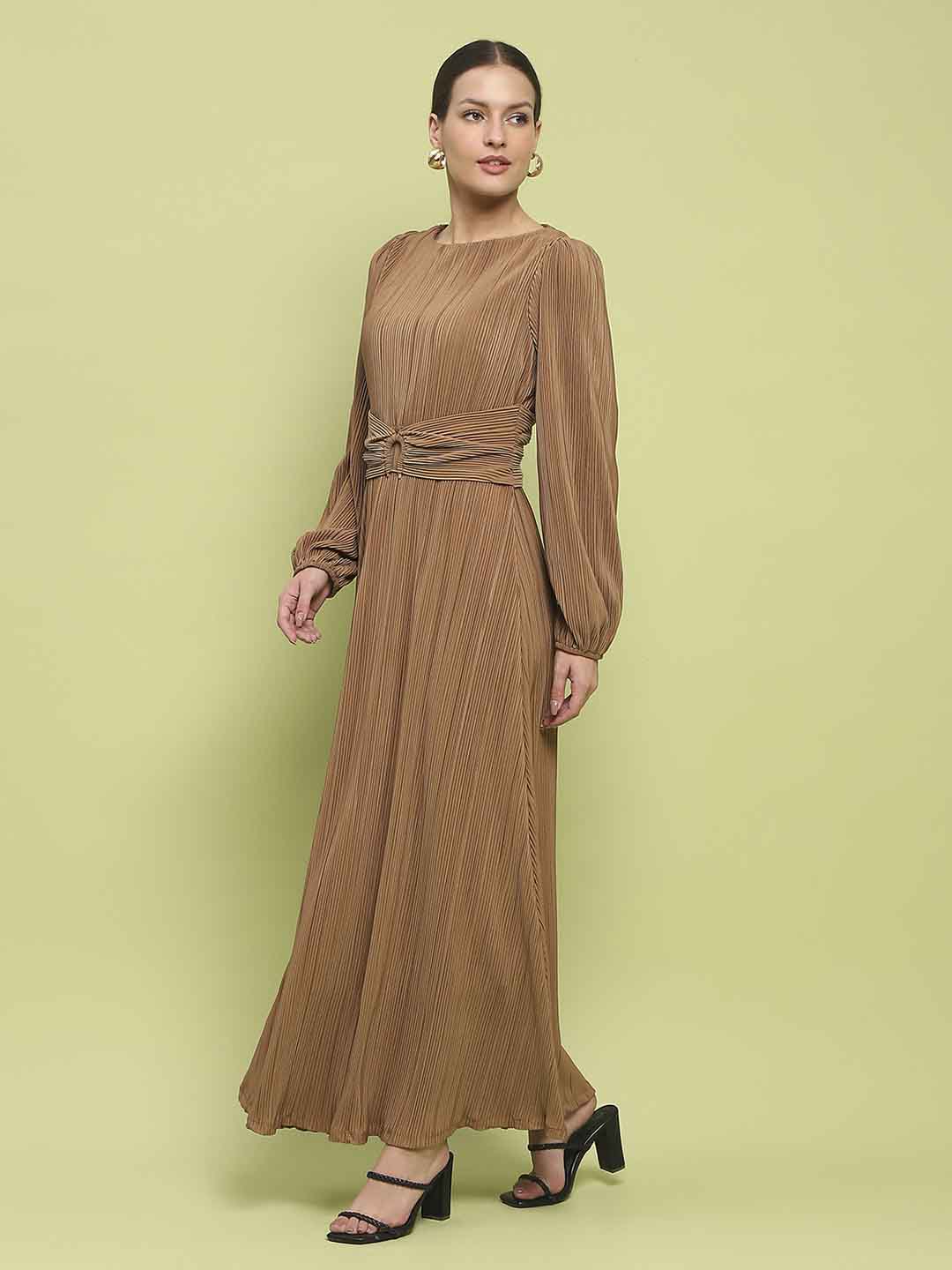 Madame Pleated Front Buckle Detailed Solid Golden Maxi Dress - Image 5