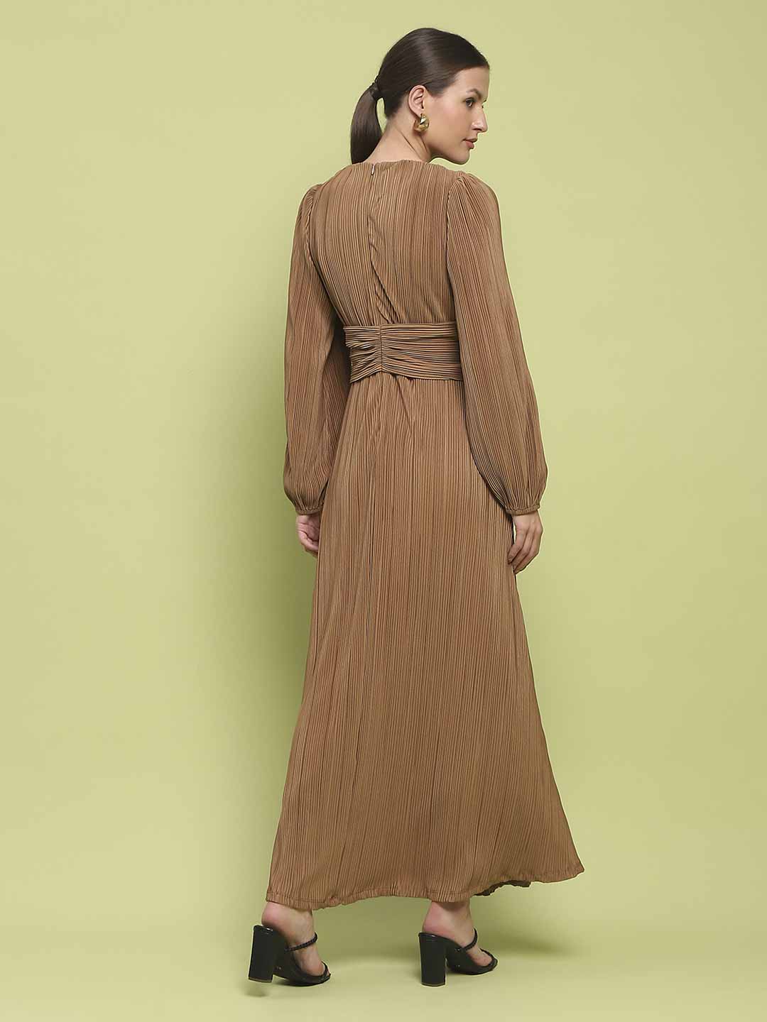 Madame Pleated Front Buckle Detailed Solid Golden Maxi Dress - Image 6