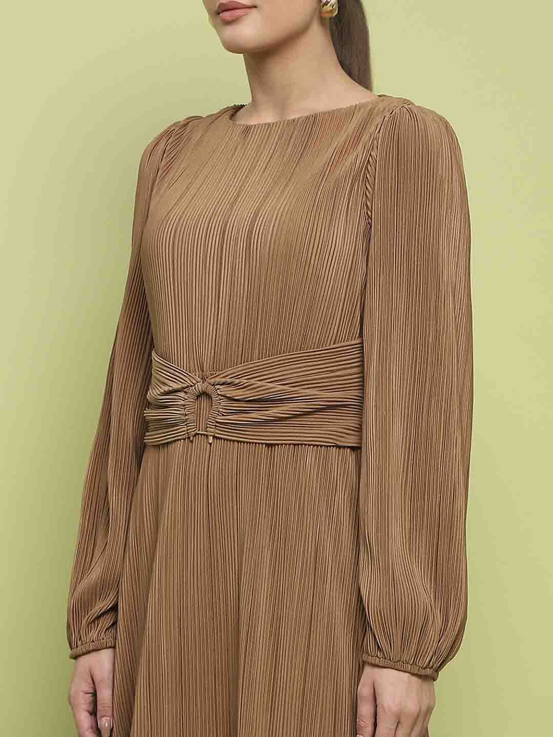 Madame Pleated Front Buckle Detailed Solid Golden Maxi Dress - Image 7