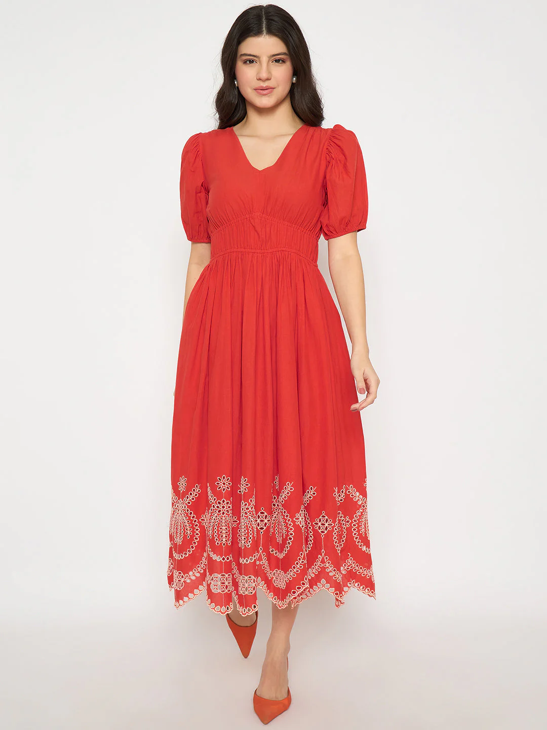 Madame Cutwork Embroidery Empire Waist Red Cotton Midi Dress - Image 2