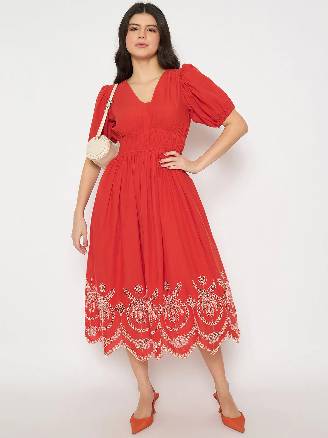 Madame Cutwork Embroidery Empire Waist Red Cotton Midi Dress - Image 3