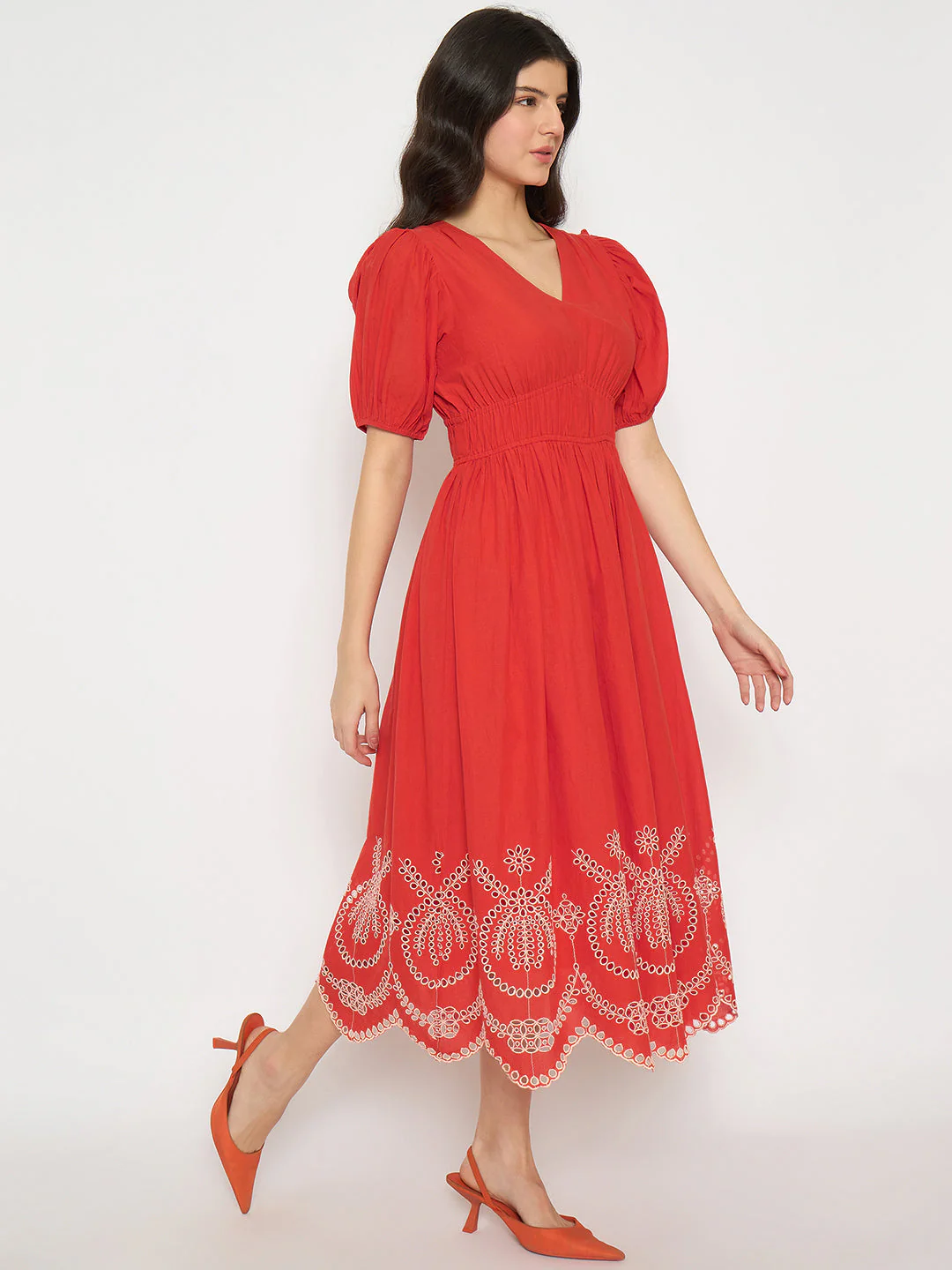 Madame Cutwork Embroidery Empire Waist Red Cotton Midi Dress - Image 4