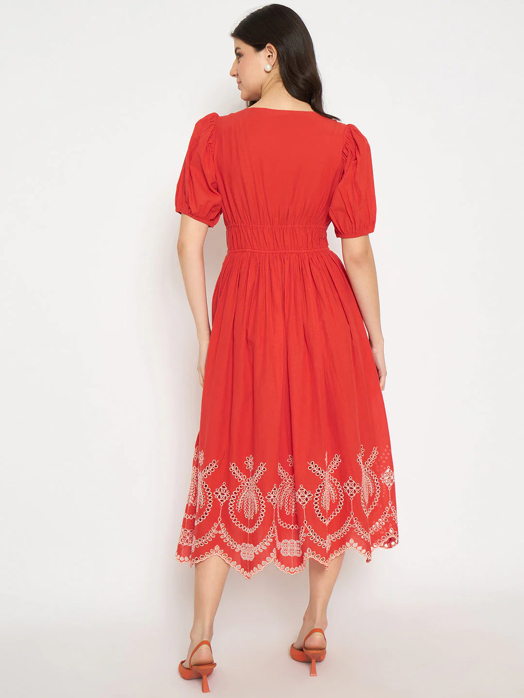 Madame Cutwork Embroidery Empire Waist Red Cotton Midi Dress - Image 6