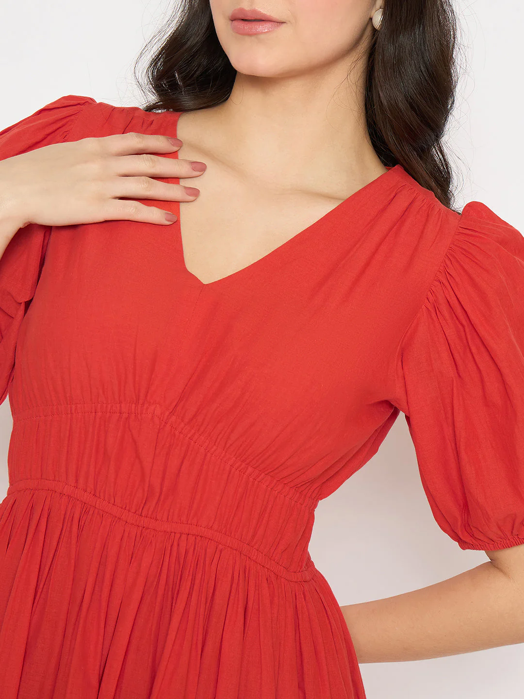 Madame Cutwork Embroidery Empire Waist Red Cotton Midi Dress - Image 7
