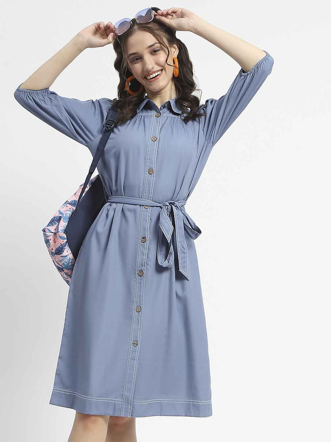 Madame Cotton Blend Belted Waist Blue Midi Shirt Dress - Image 2