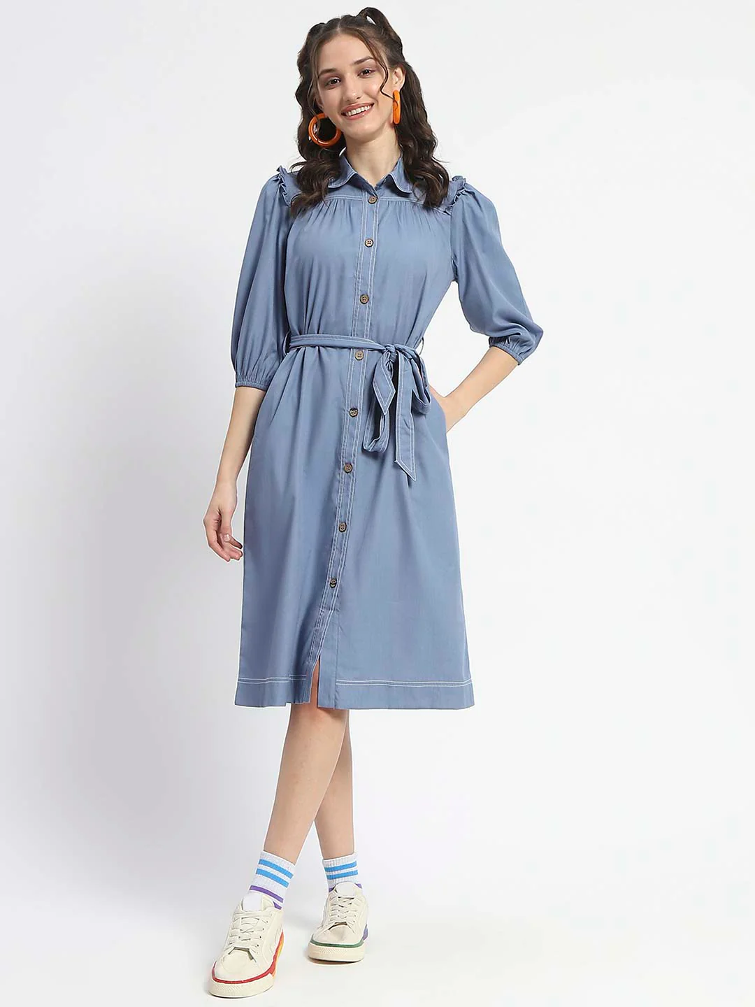 Madame Cotton Blend Belted Waist Blue Midi Shirt Dress - Image 3