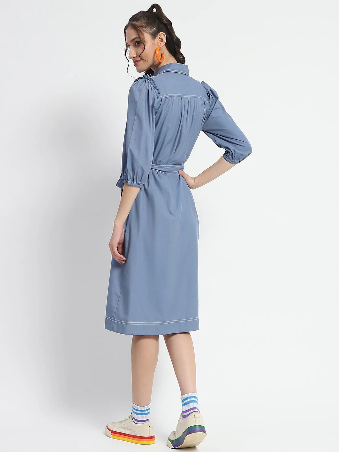 Madame Cotton Blend Belted Waist Blue Midi Shirt Dress - Image 6