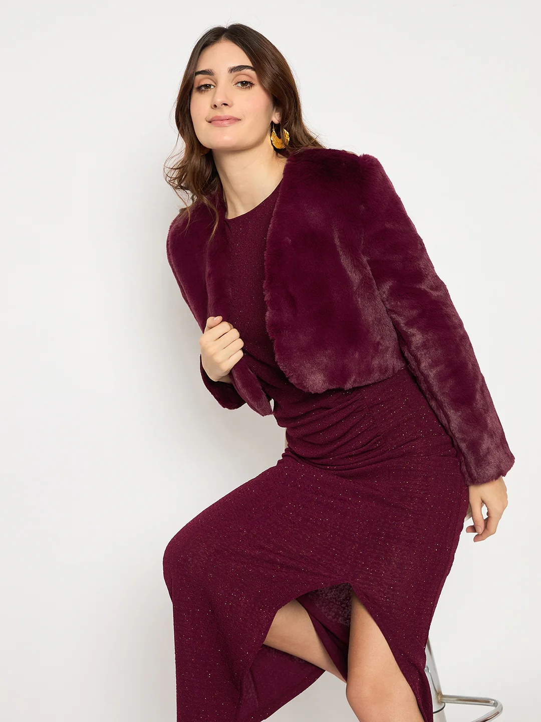 Madame Shimmery Gathered Detail Bodycon Wine Maxi Dress - Image 2