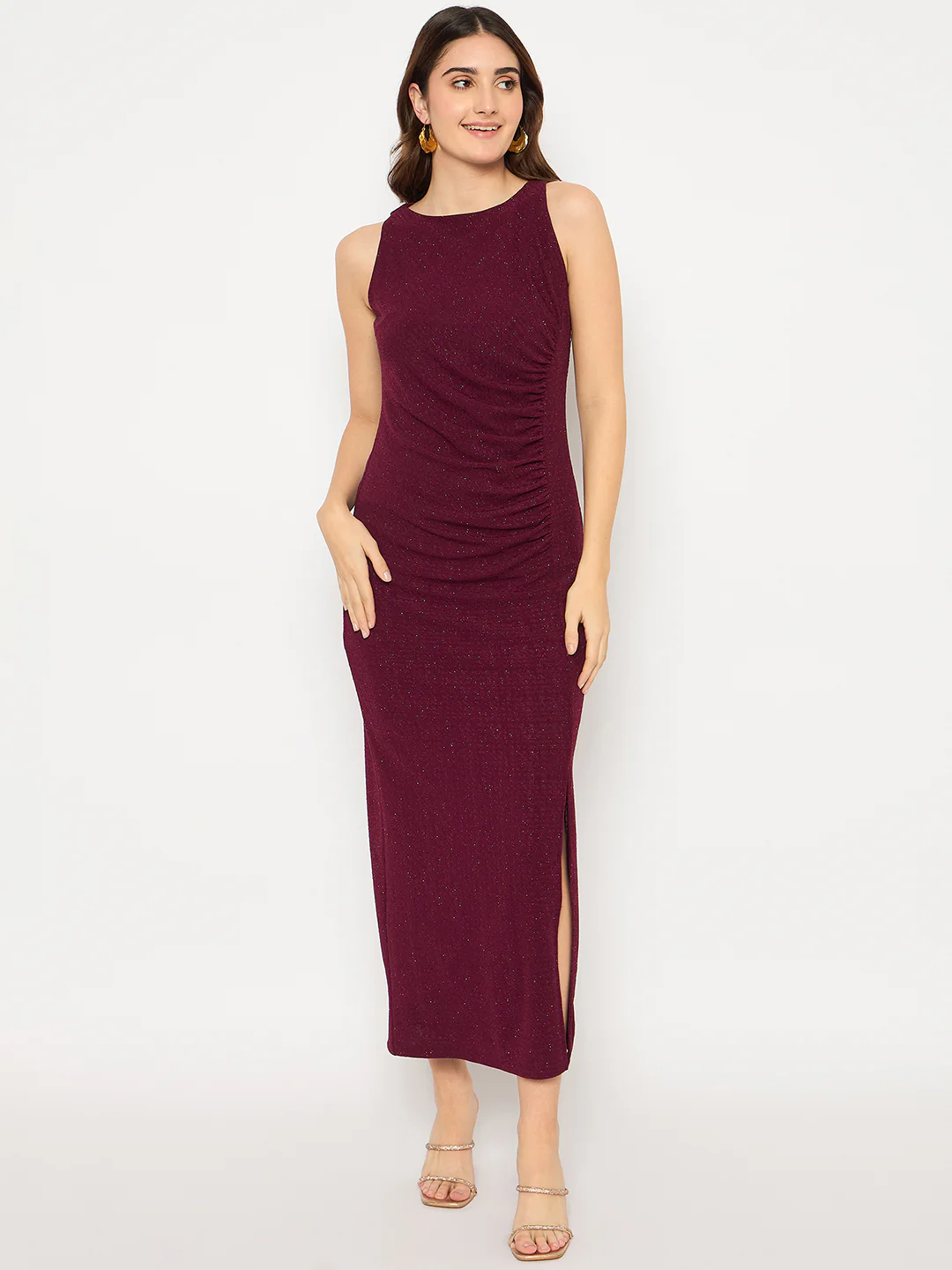 Madame Shimmery Gathered Detail Bodycon Wine Maxi Dress - Image 3