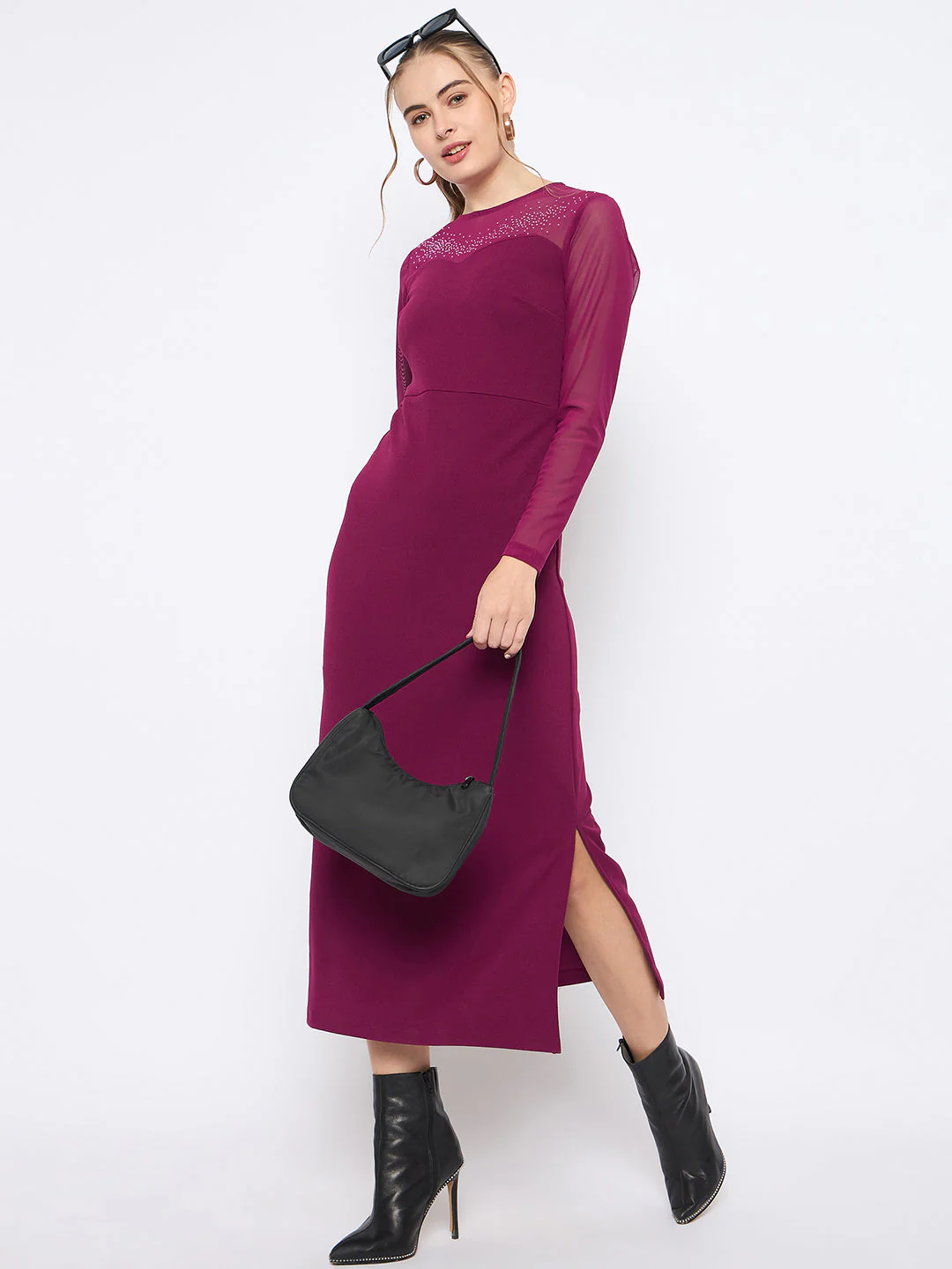 Madame Swarovski Detailed Solid Plum Round Neck Knitted Maxi Dress - Image 2