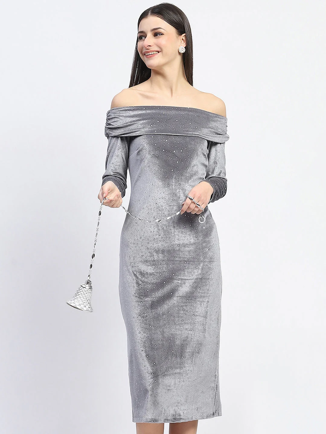 Madame Off-shoulder embellished Grey Velvet Dress - Image 2