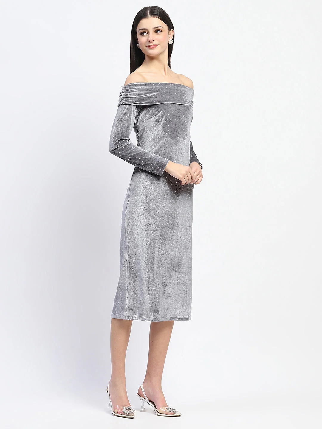 Madame Off-shoulder embellished Grey Velvet Dress - Image 4