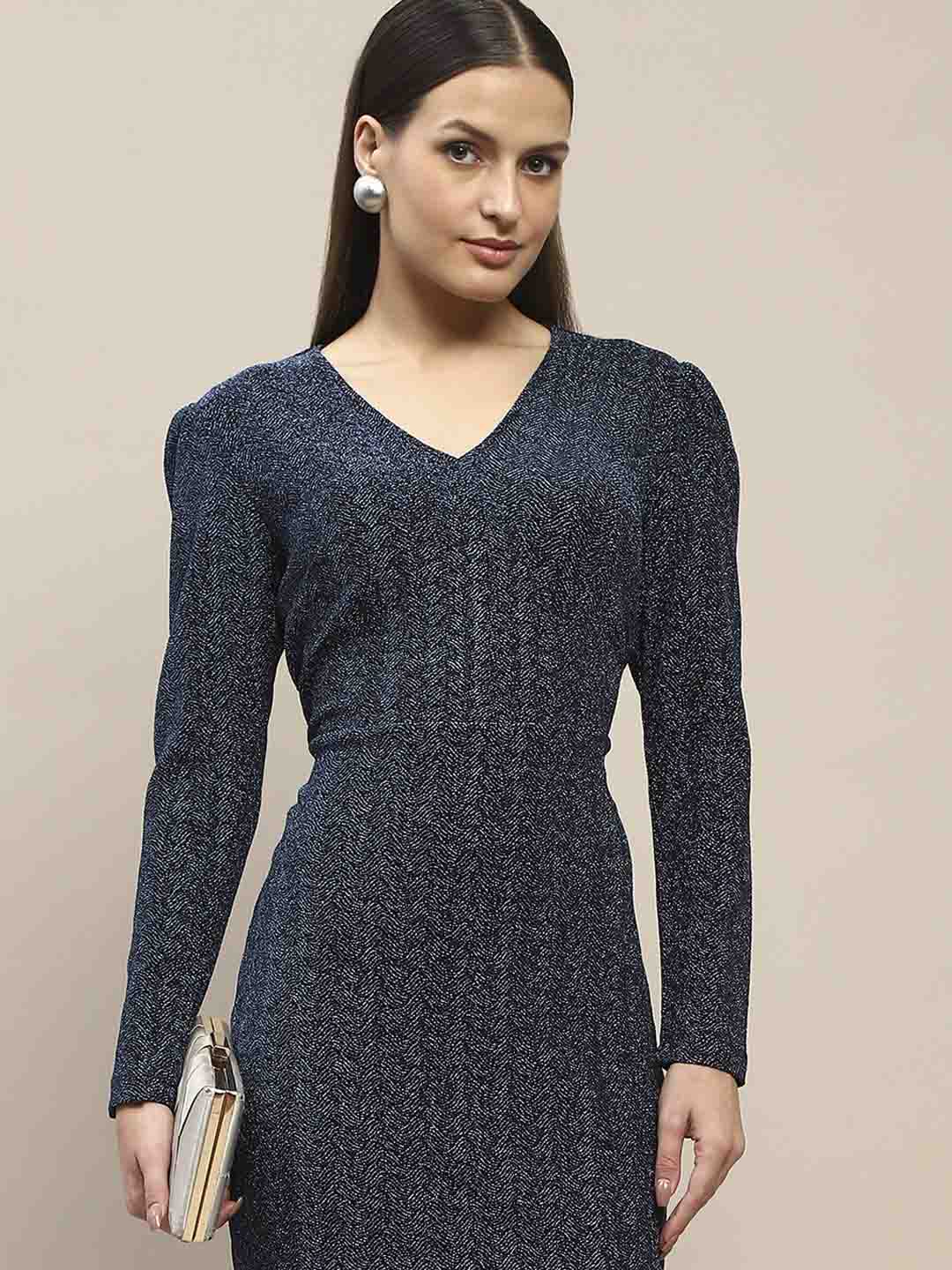 Madame Overlapping Detailed Navy Blue Knitted Midi Dress - Image 2