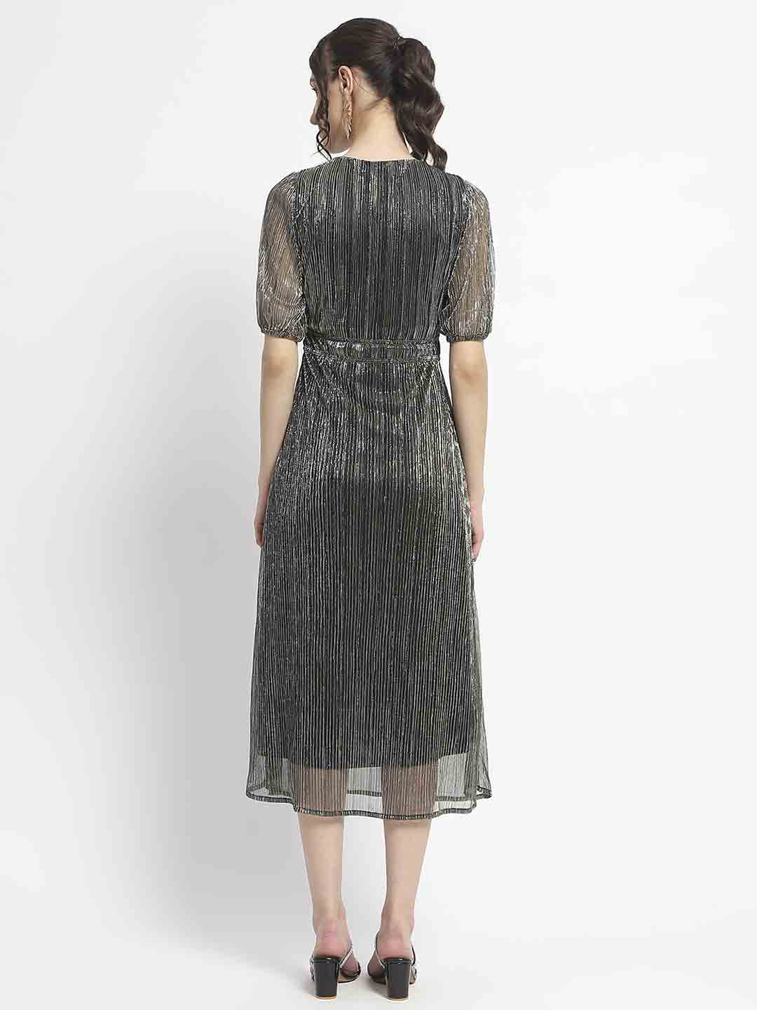 Madame Shimmery Corset Detailed Puff Sleeved Black Midi Dress - Image 6