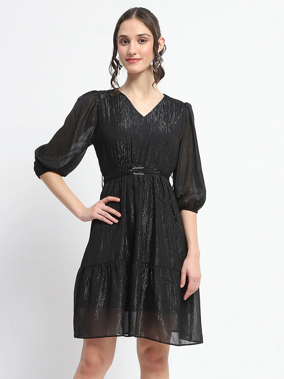 Madame Shimmery Tiered Belted Waist Black Midi Dress - Image 3