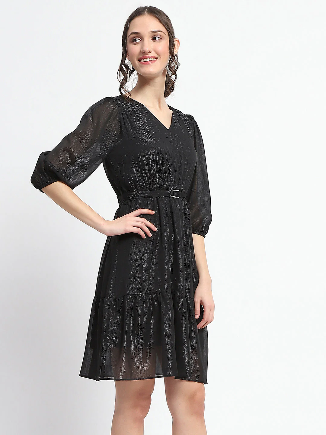 Madame Shimmery Tiered Belted Waist Black Midi Dress - Image 4