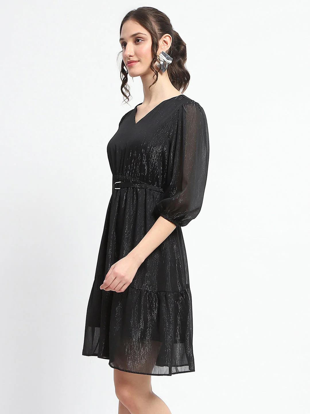 Madame Shimmery Tiered Belted Waist Black Midi Dress - Image 5