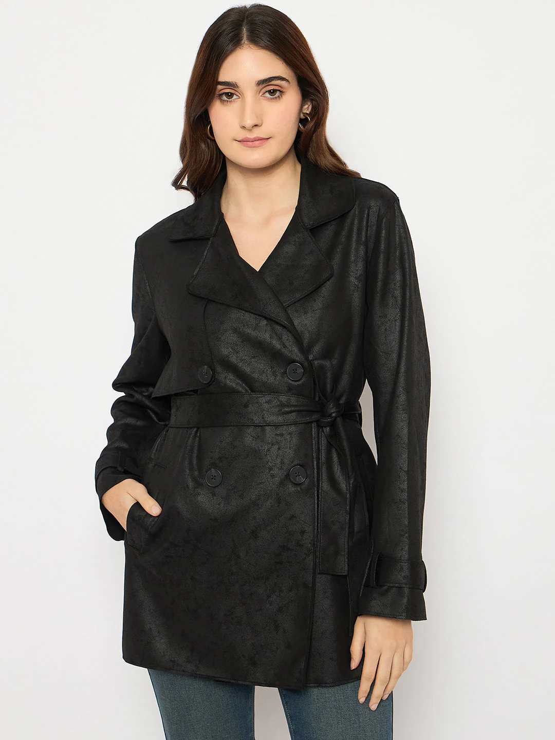 Madame Double Breasted Belted Solid Black Trench Coat - Image 3