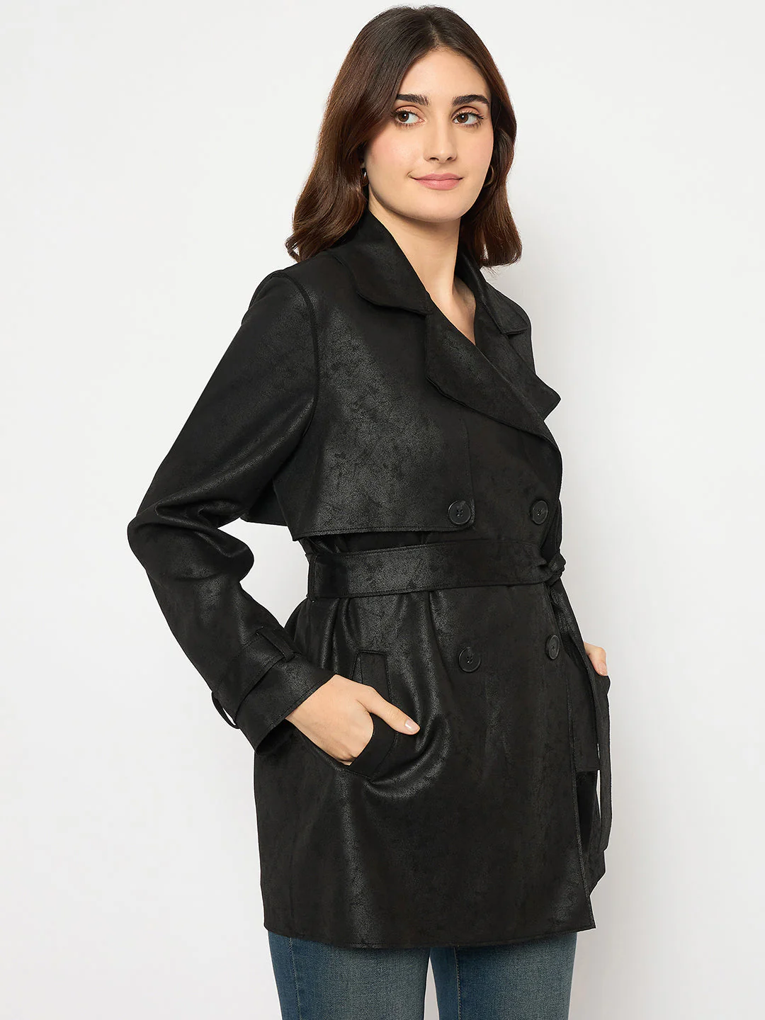 Madame Double Breasted Belted Solid Black Trench Coat - Image 4