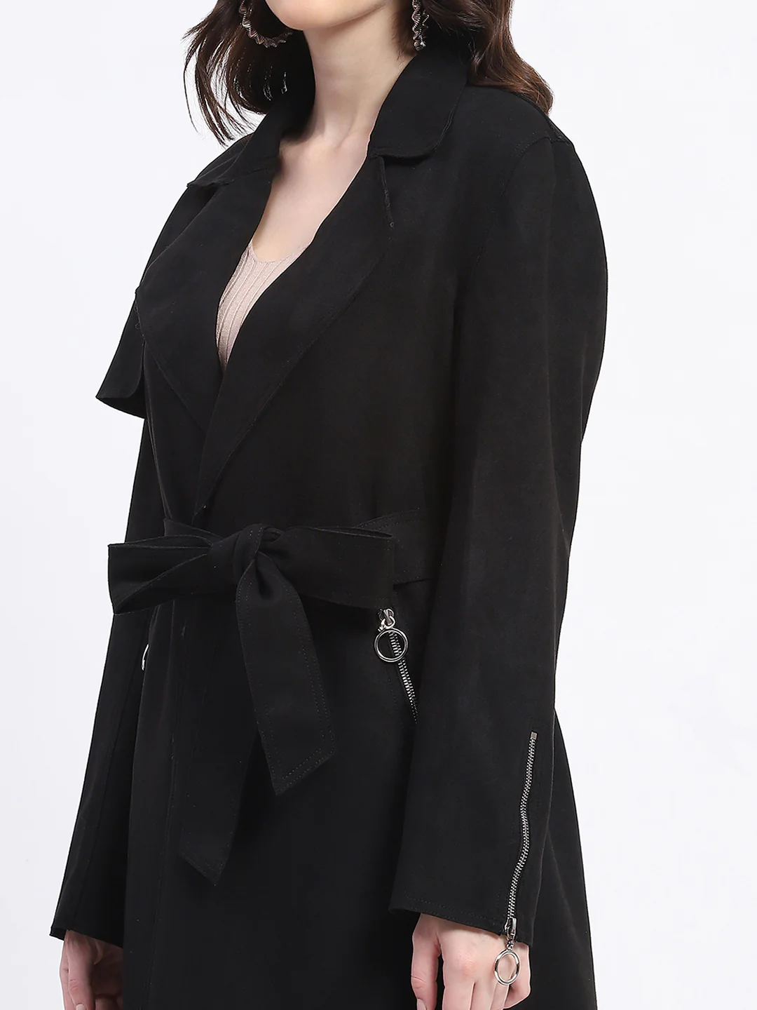 Madame Metal Zip Raw Edge Detailed Solid Black Trench Coat - Image 6