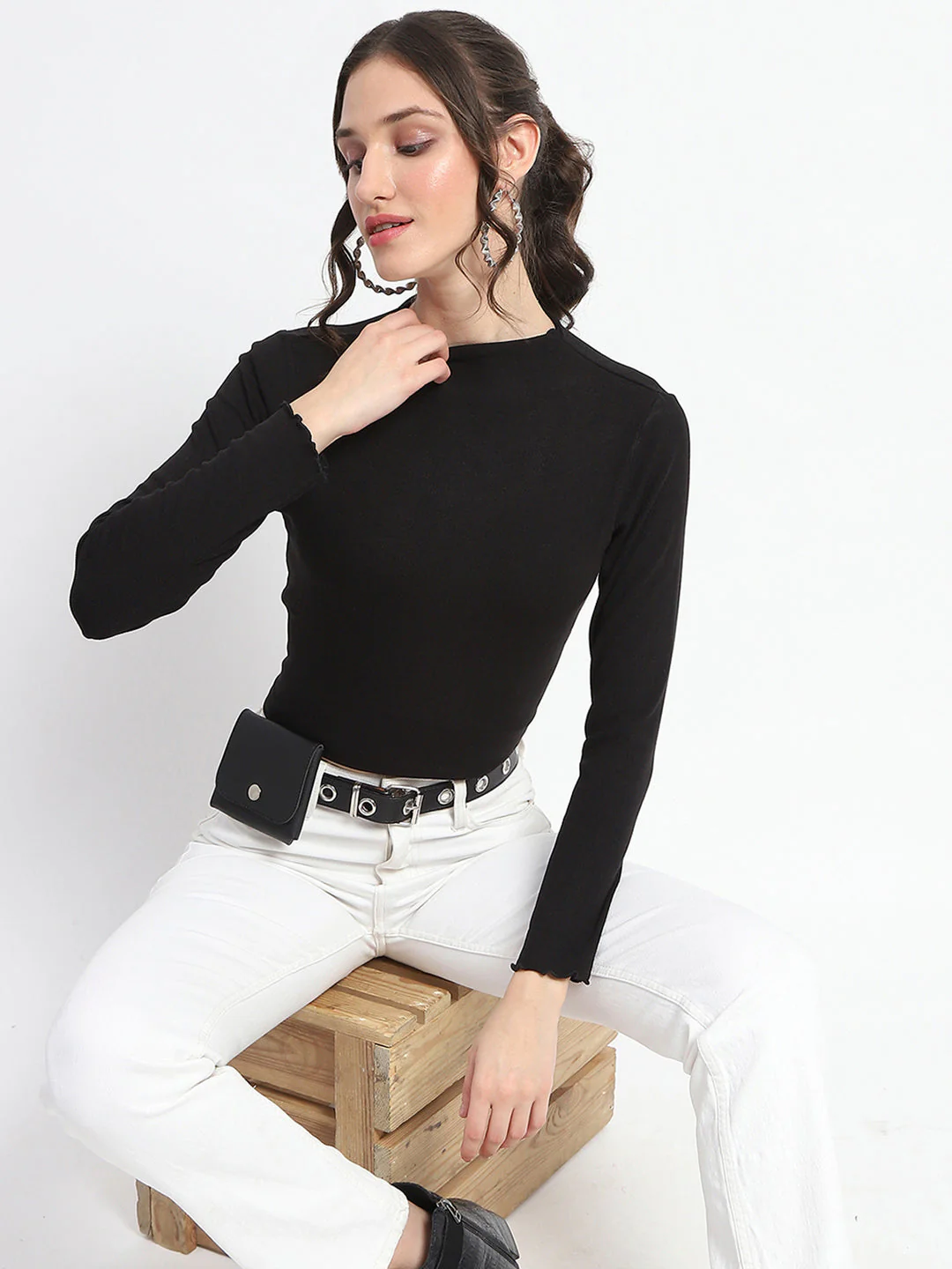 Madame High Neck Full Sleeve Solid Black Top - Image 2
