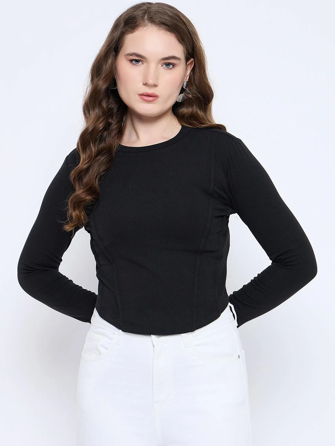 Madame Corset Body Stitch Line Detailed Solid Black Ribbed Crop Top - Image 3