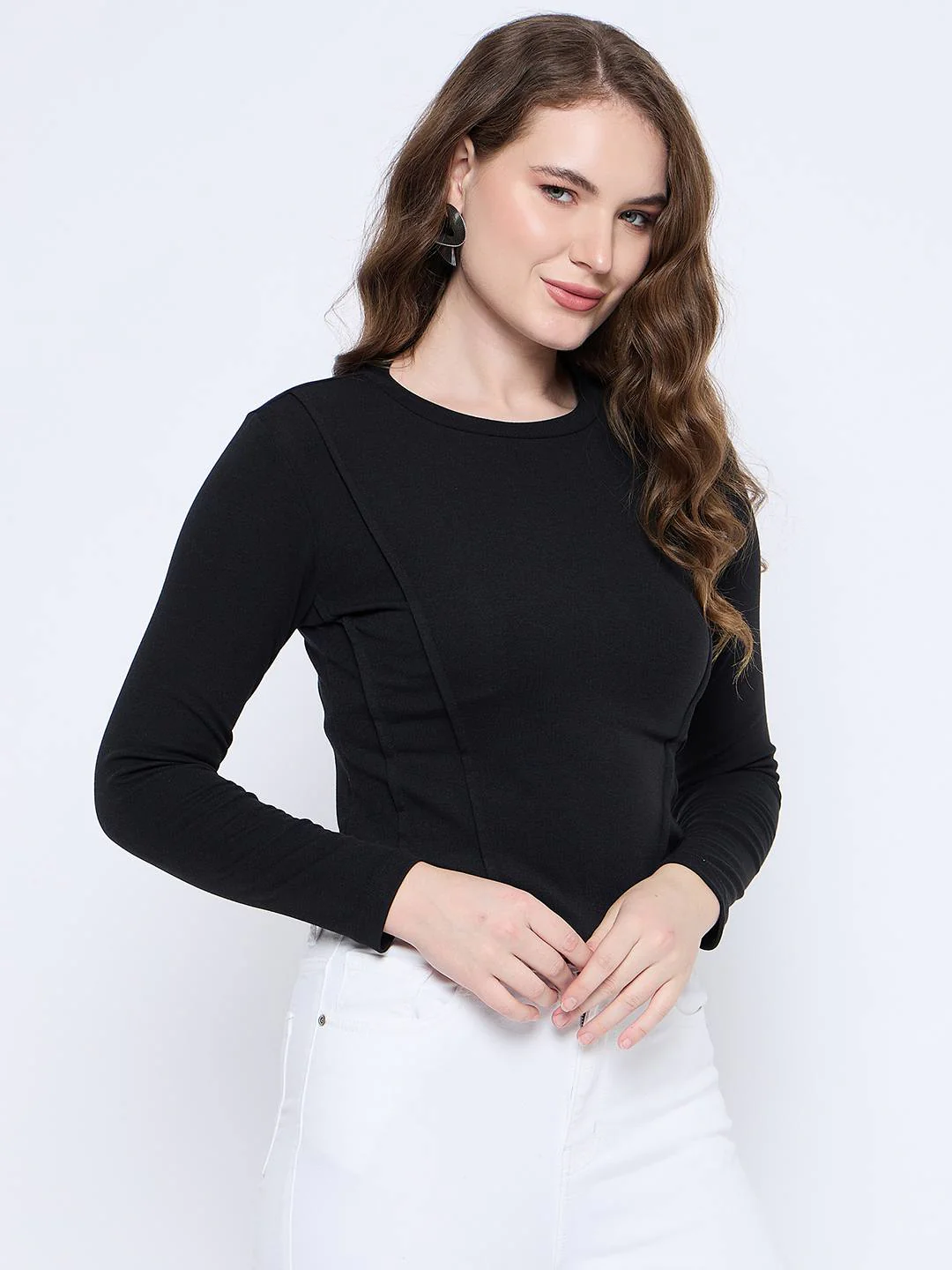 Madame Corset Body Stitch Line Detailed Solid Black Ribbed Crop Top - Image 4