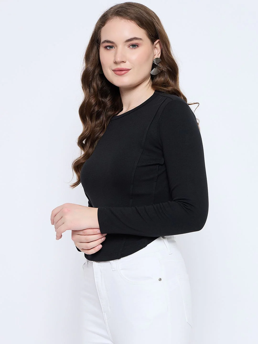 Madame Corset Body Stitch Line Detailed Solid Black Ribbed Crop Top - Image 5