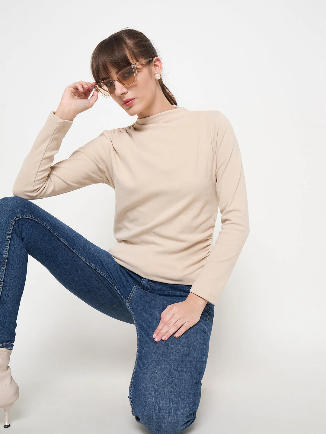 Madame Funnel Neck Full Sleeve Seam Detailed Solid Beige Knitted Top - Image 2