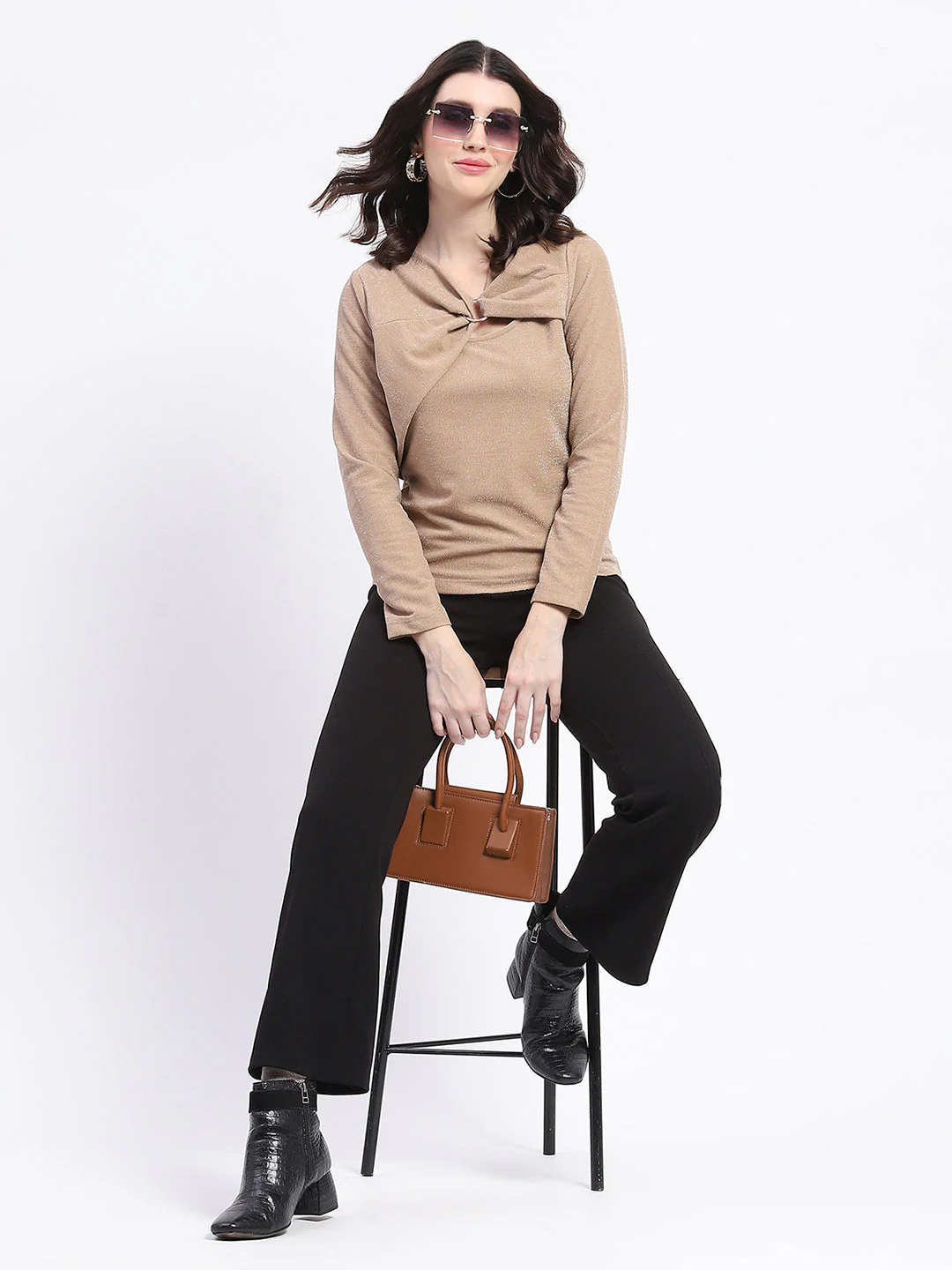 Madame Ring Detailed Embellished Asymmetrical Neck Solid Beige Top - Image 2