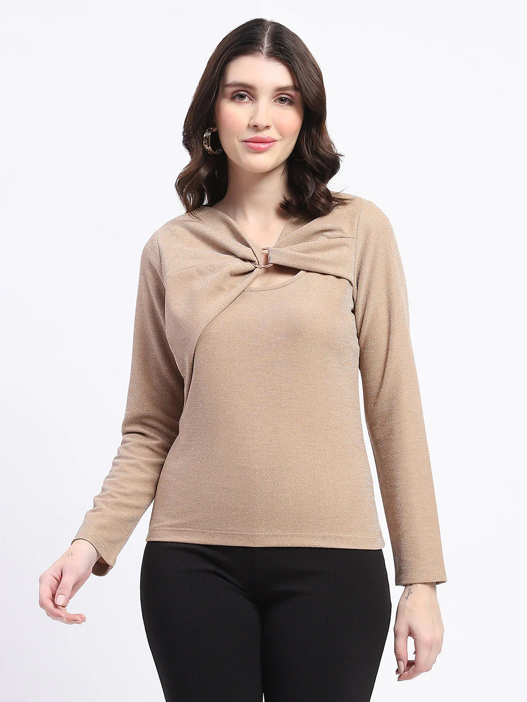 Madame Ring Detailed Embellished Asymmetrical Neck Solid Beige Top - Image 3
