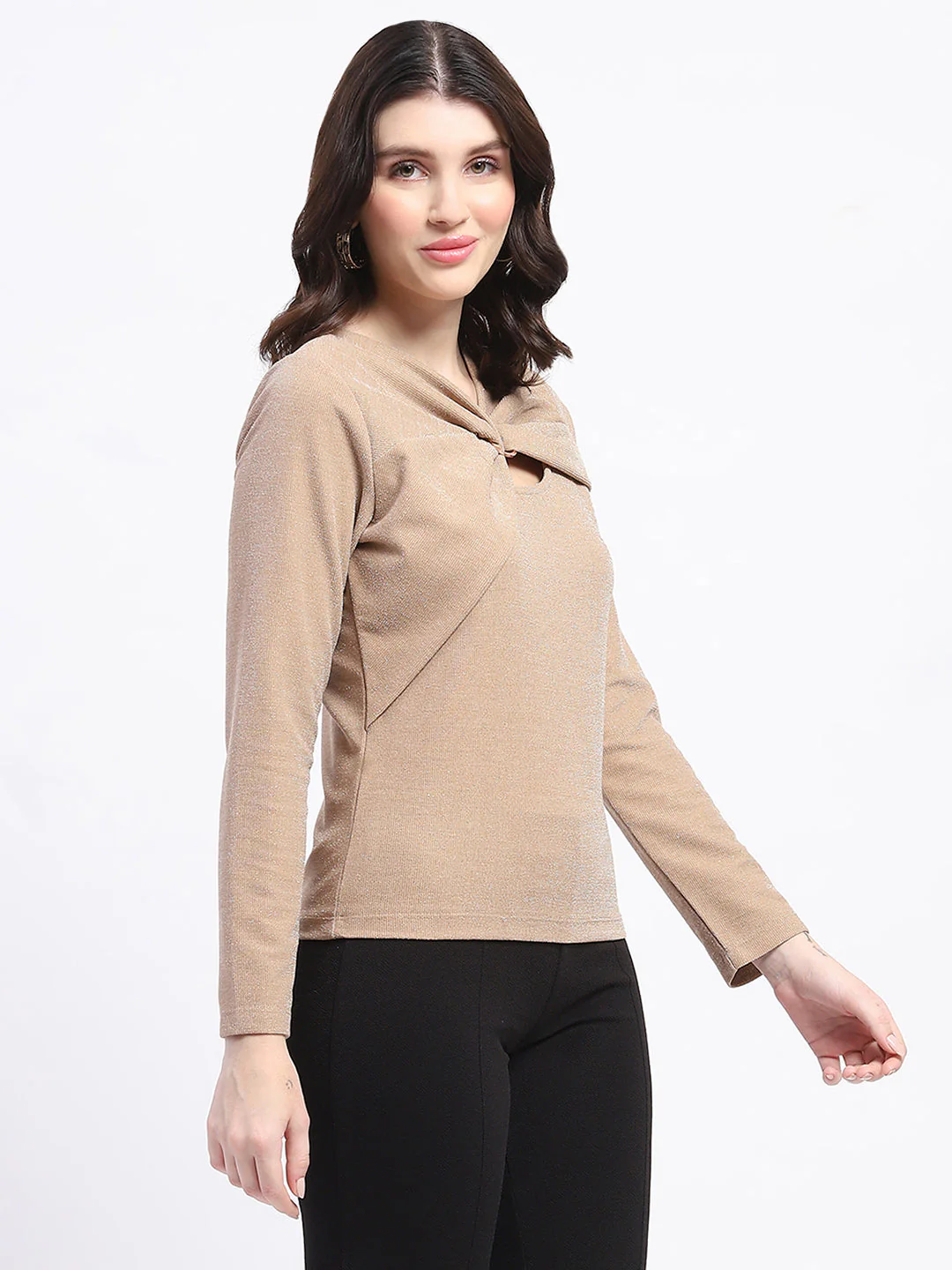 Madame Ring Detailed Embellished Asymmetrical Neck Solid Beige Top - Image 4
