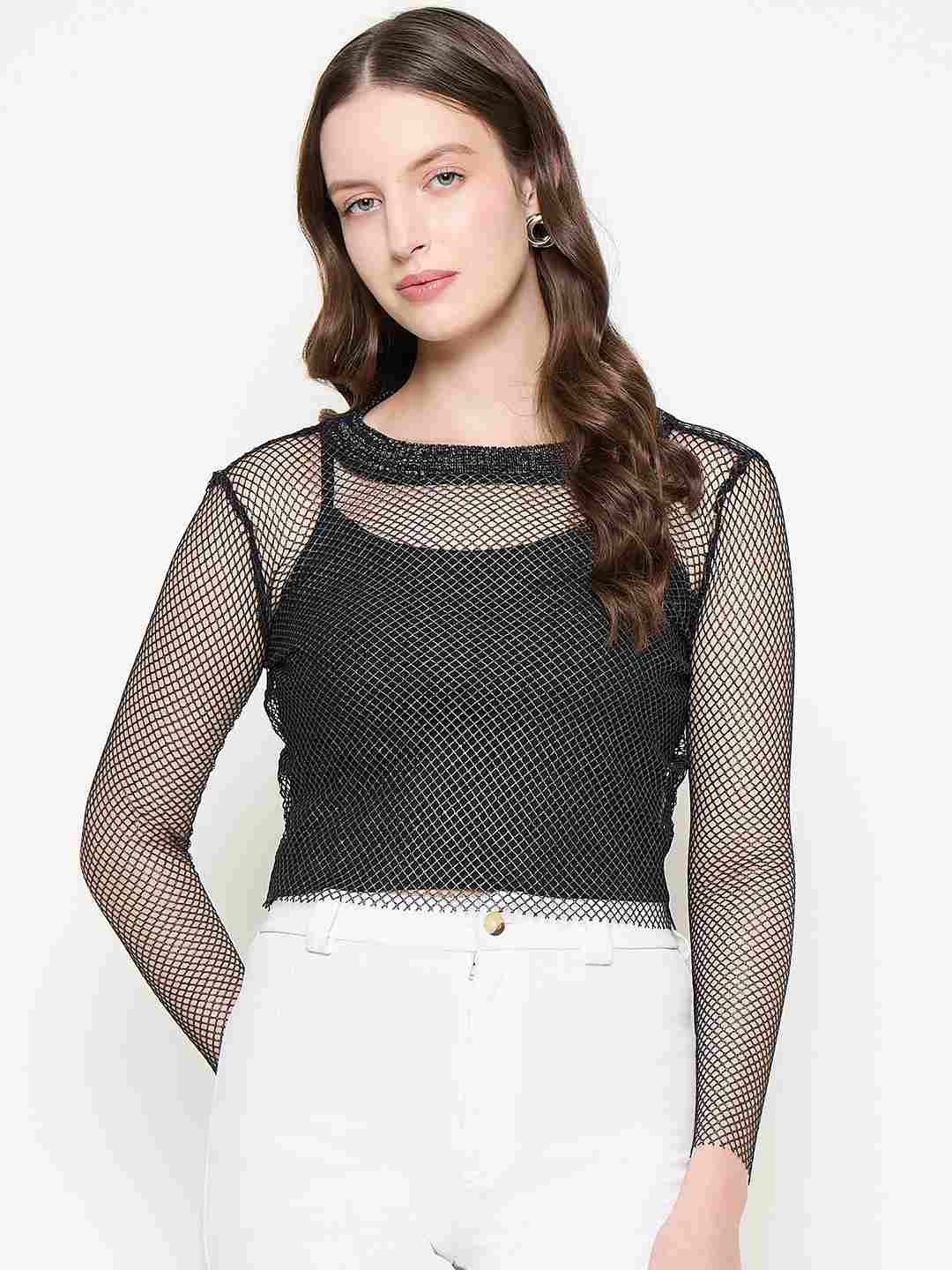 Madame Mesh Mock Neck Spaghetti Solid Black Top - Image 3