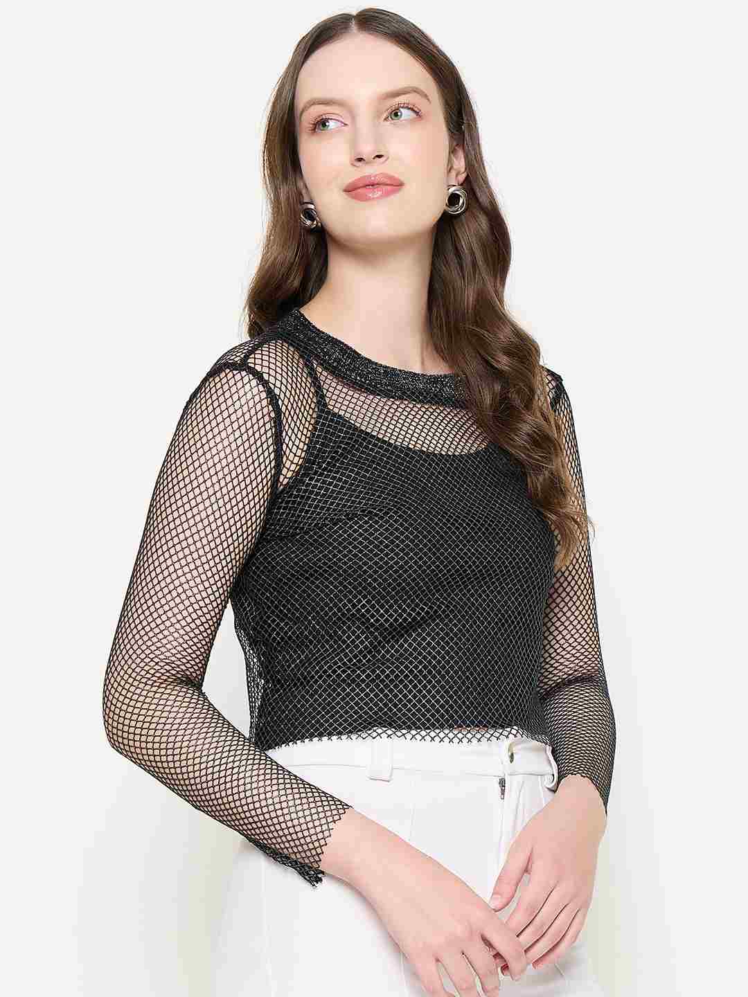 Madame Mesh Mock Neck Spaghetti Solid Black Top - Image 4
