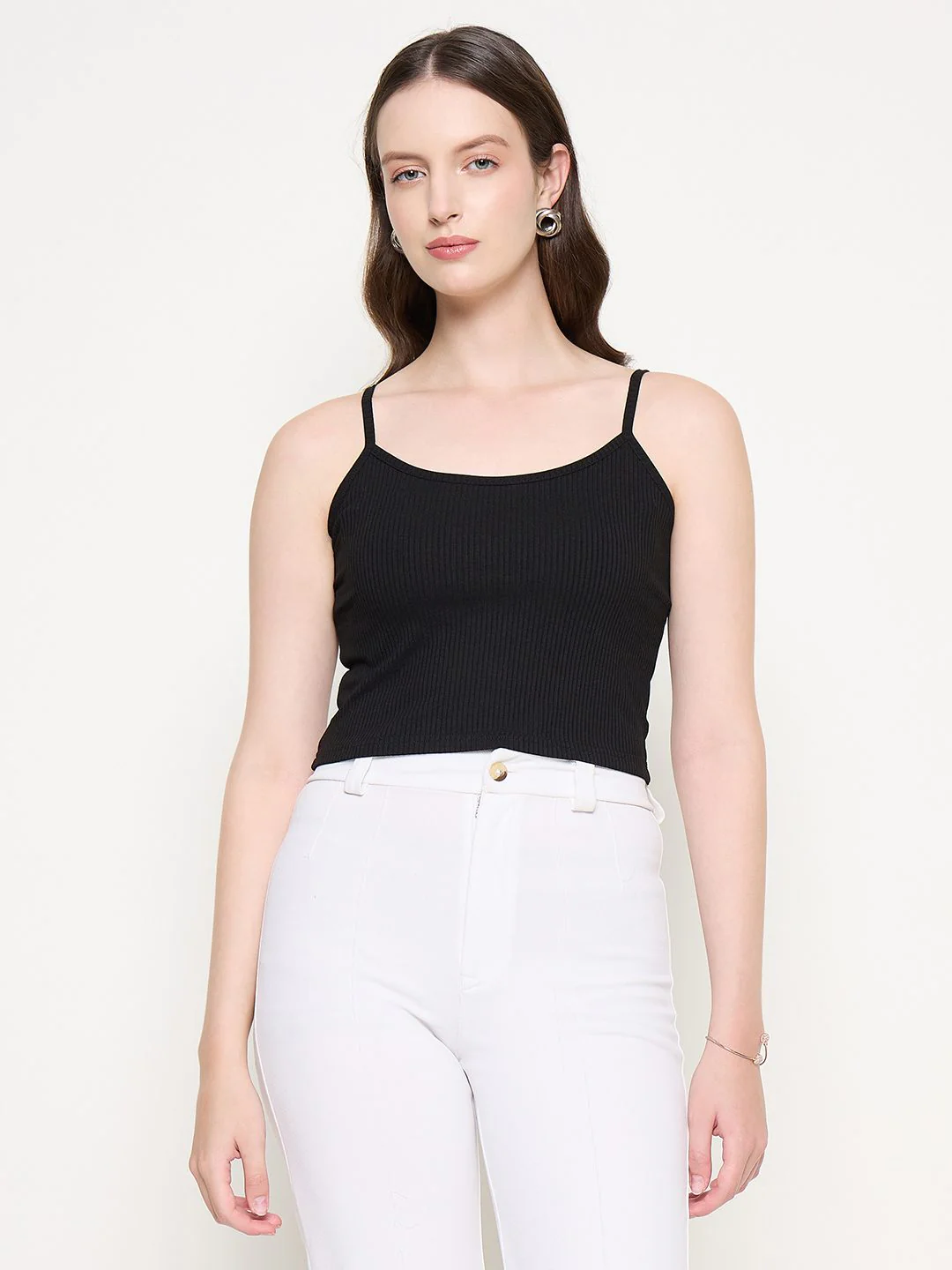 Madame Mesh Mock Neck Spaghetti Solid Black Top - Image 6