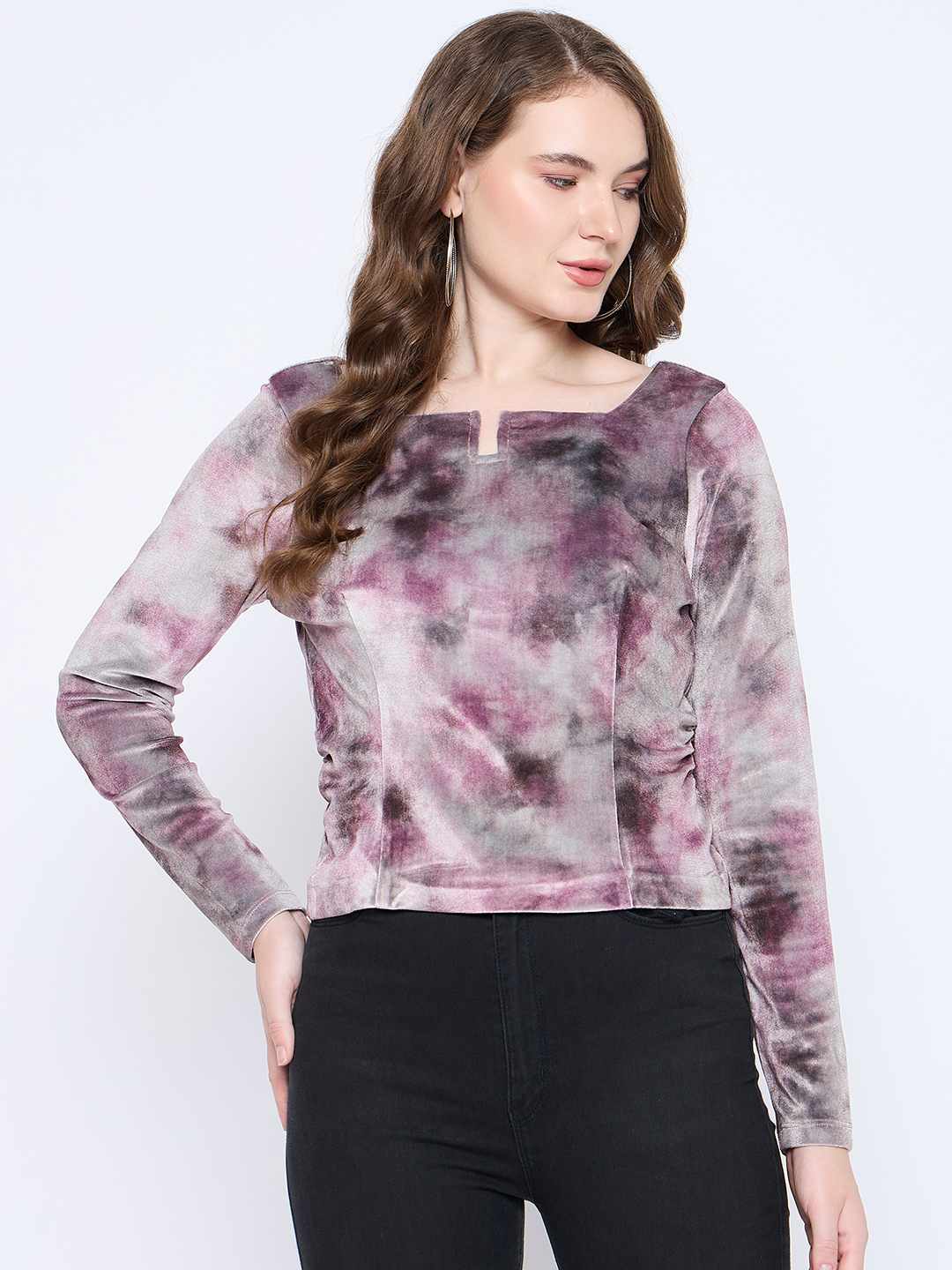 Madame Square Keyhole Neck Abstract Print Plum Top - Image 3