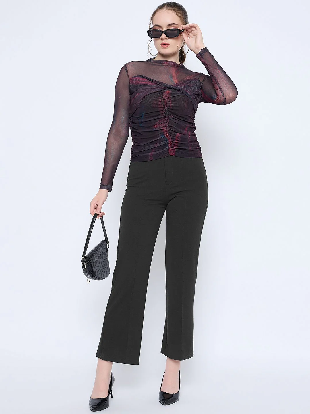 Madame Semi Sheer Abstract Print Centre Ruched Black Top - Image 2