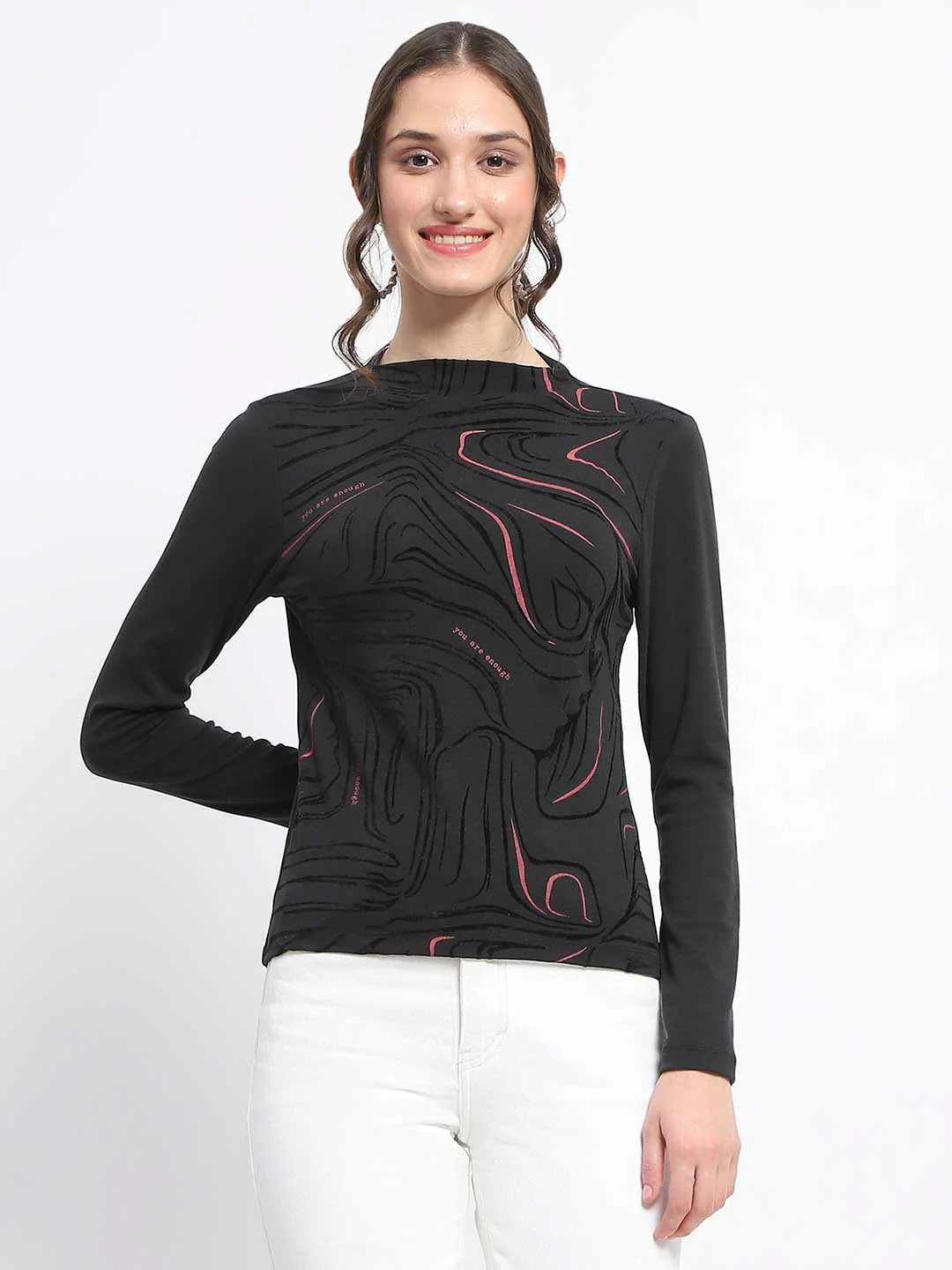 Madame Abstract Print Sleeve Crew Neck Black Top - Image 2