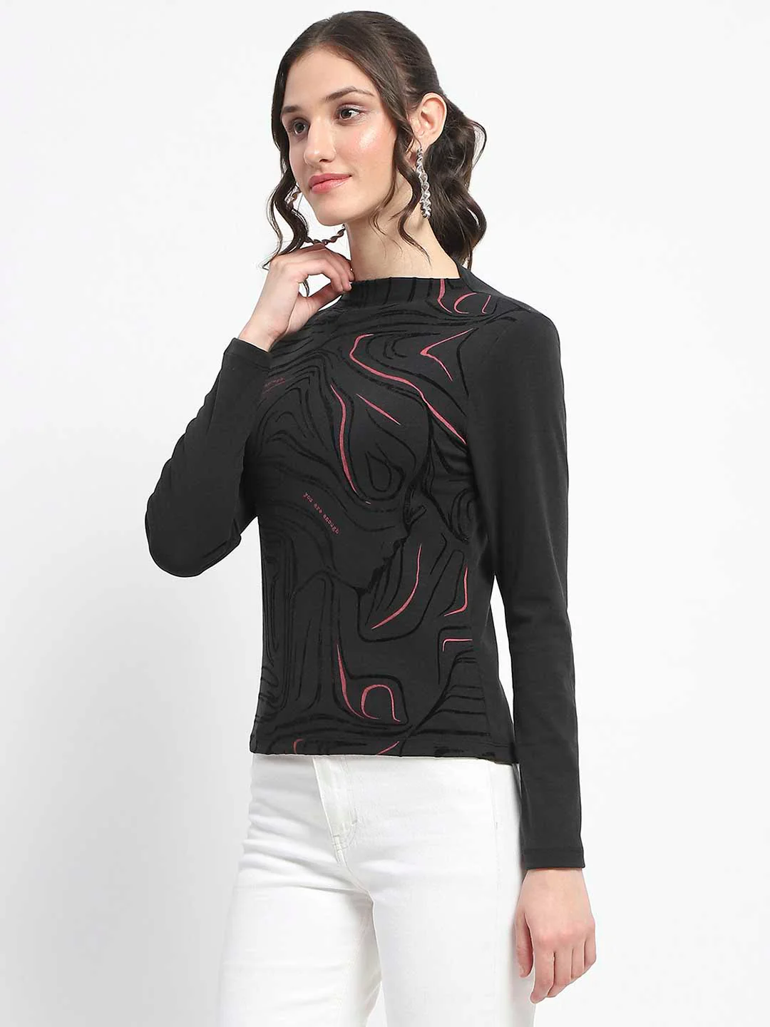 Madame Abstract Print Sleeve Crew Neck Black Top - Image 4